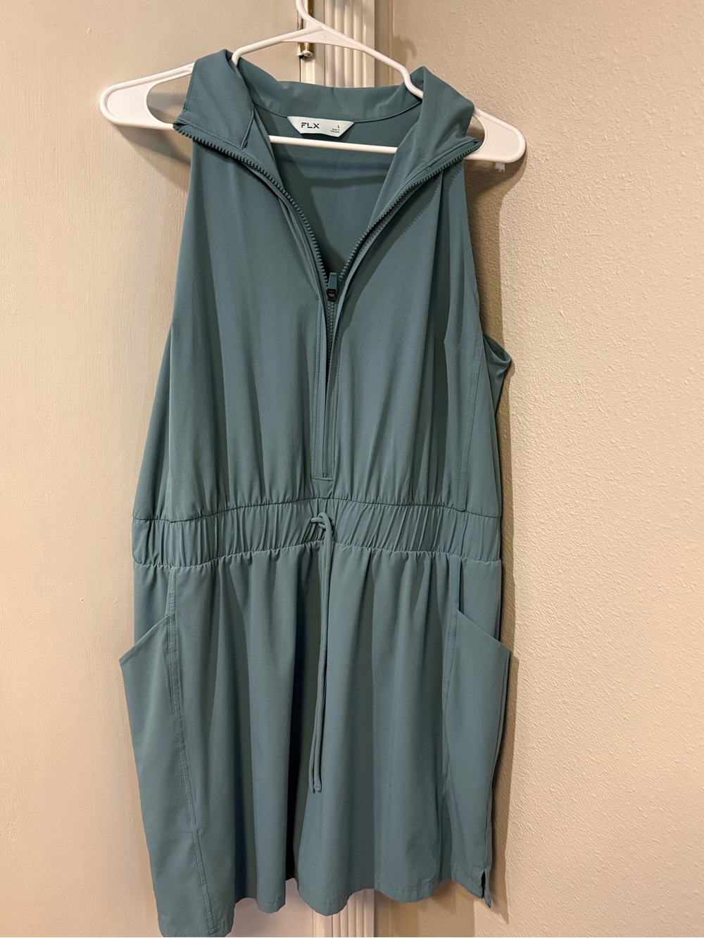 FLX Sleeveless Drawstring Romper in Dusty Teal